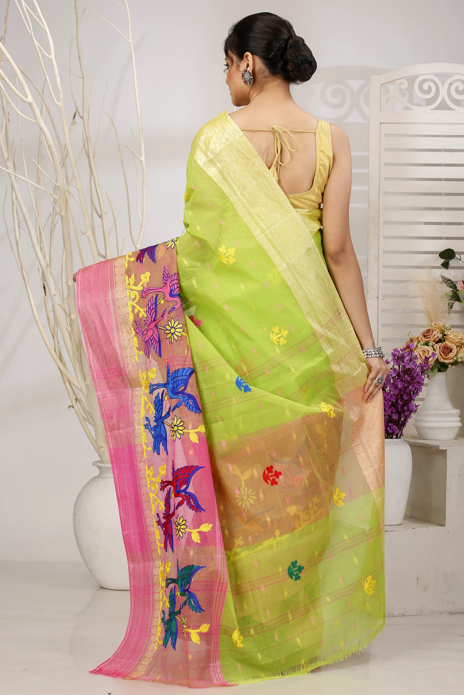 Light Green Pure Cotton Embi Ganga Bok Tant Embroidery (1513)