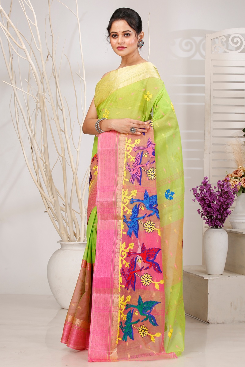 Light Green Pure Cotton Embi Ganga Bok Tant Embroidery (1513)