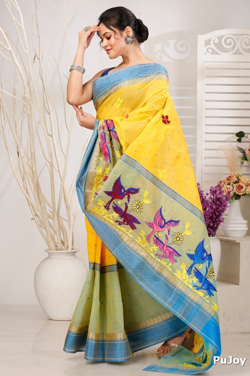 Light Yellow Pure Cotton Embi Ganga Bok Tant Embroidery (1514)