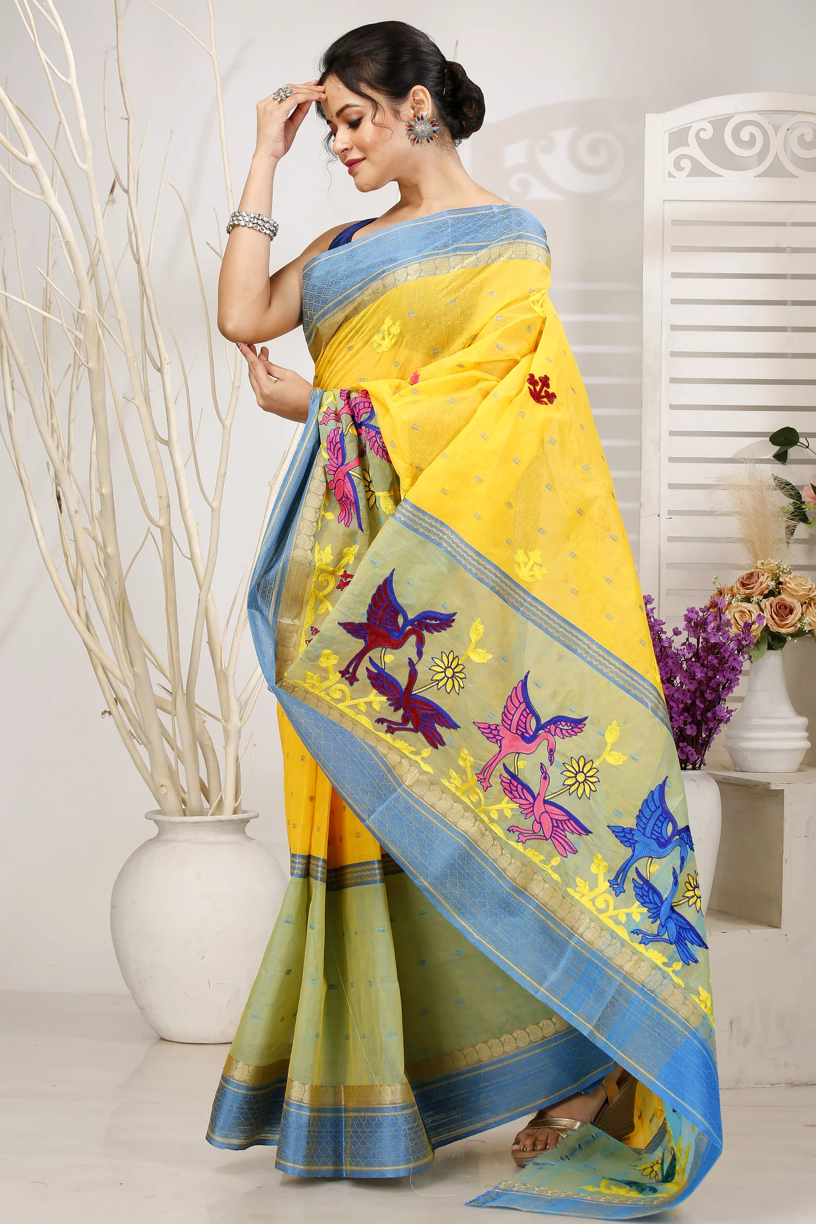 Light Yellow Pure Cotton Embi Ganga Bok Tant Embroidery (1514)