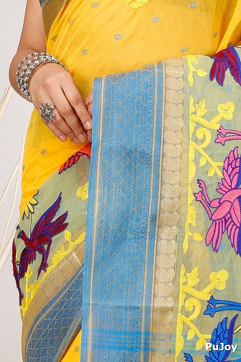 Light Yellow Pure Cotton Embi Ganga Bok Tant Embroidery (1514)