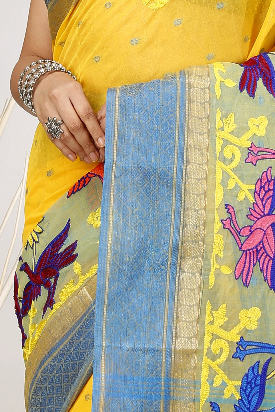 Light Yellow Pure Cotton Embi Ganga Bok Tant Embroidery (1514)