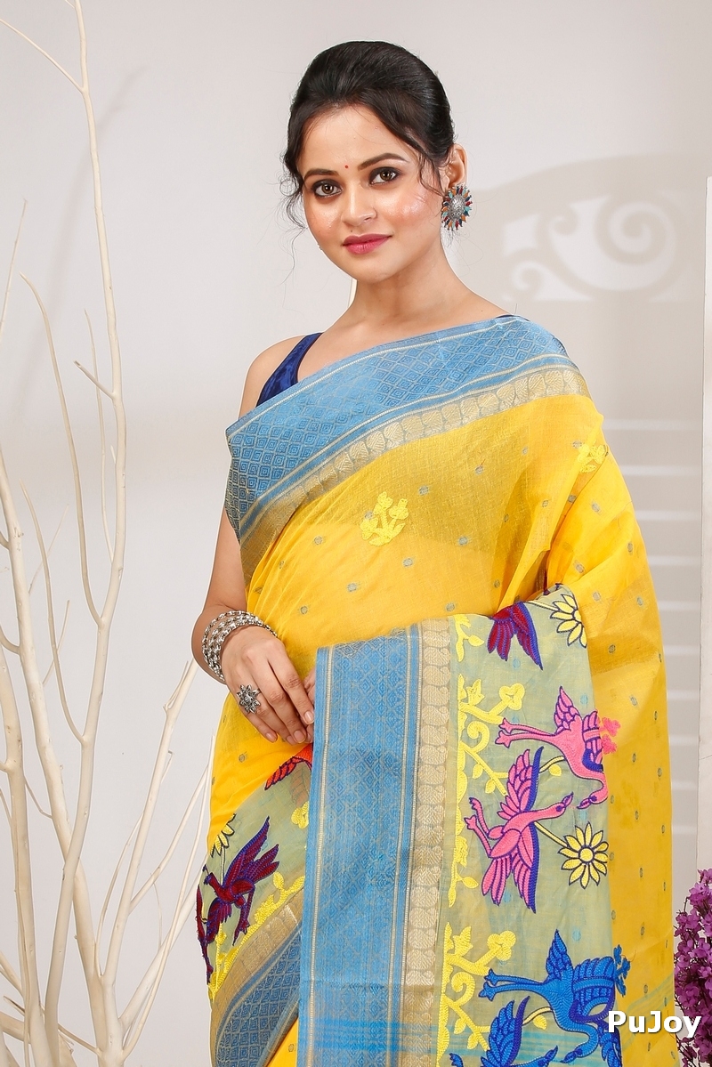 Light Yellow Pure Cotton Embi Ganga Bok Tant Embroidery (1514)