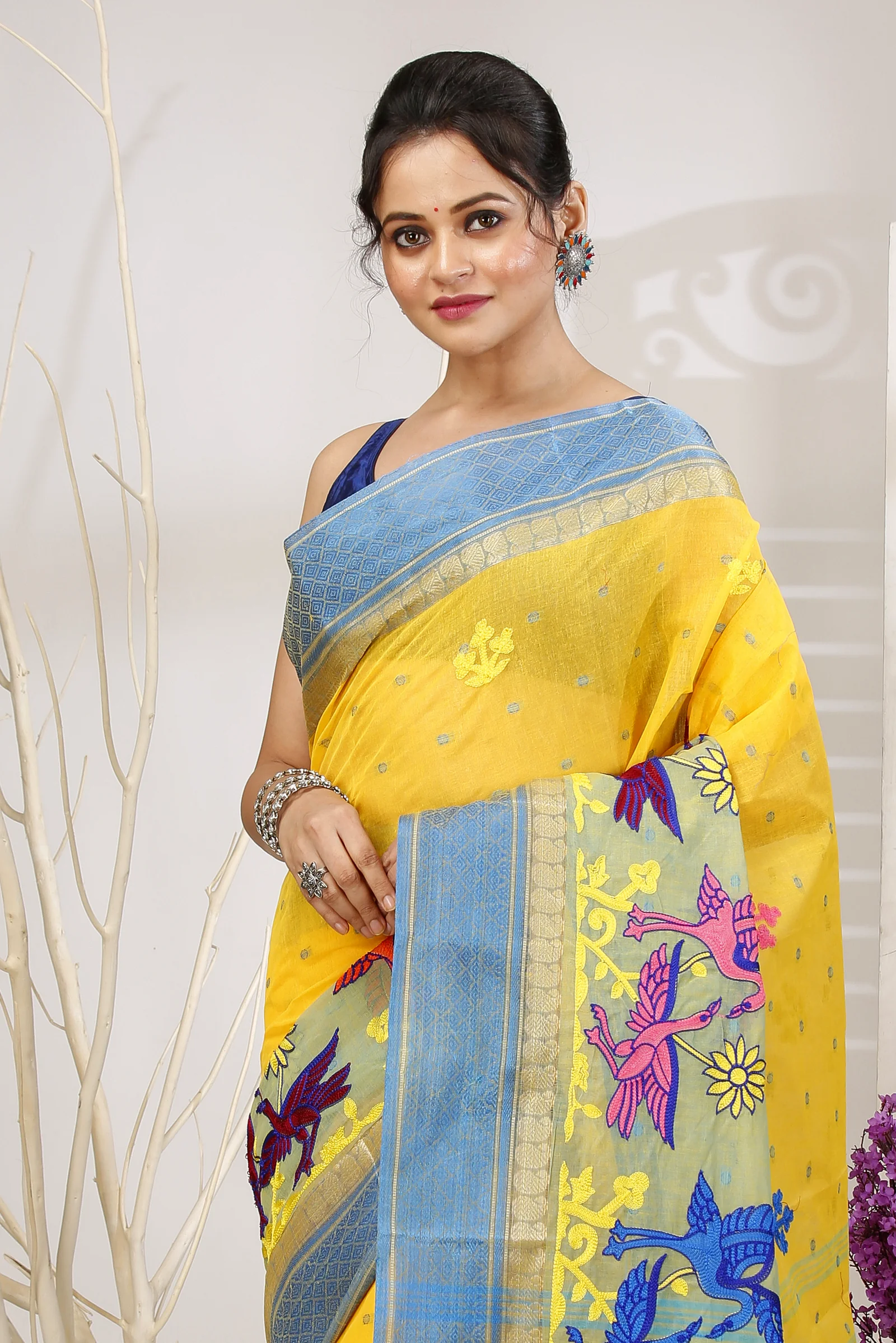 Light Yellow Pure Cotton Embi Ganga Bok Tant Embroidery (1514)