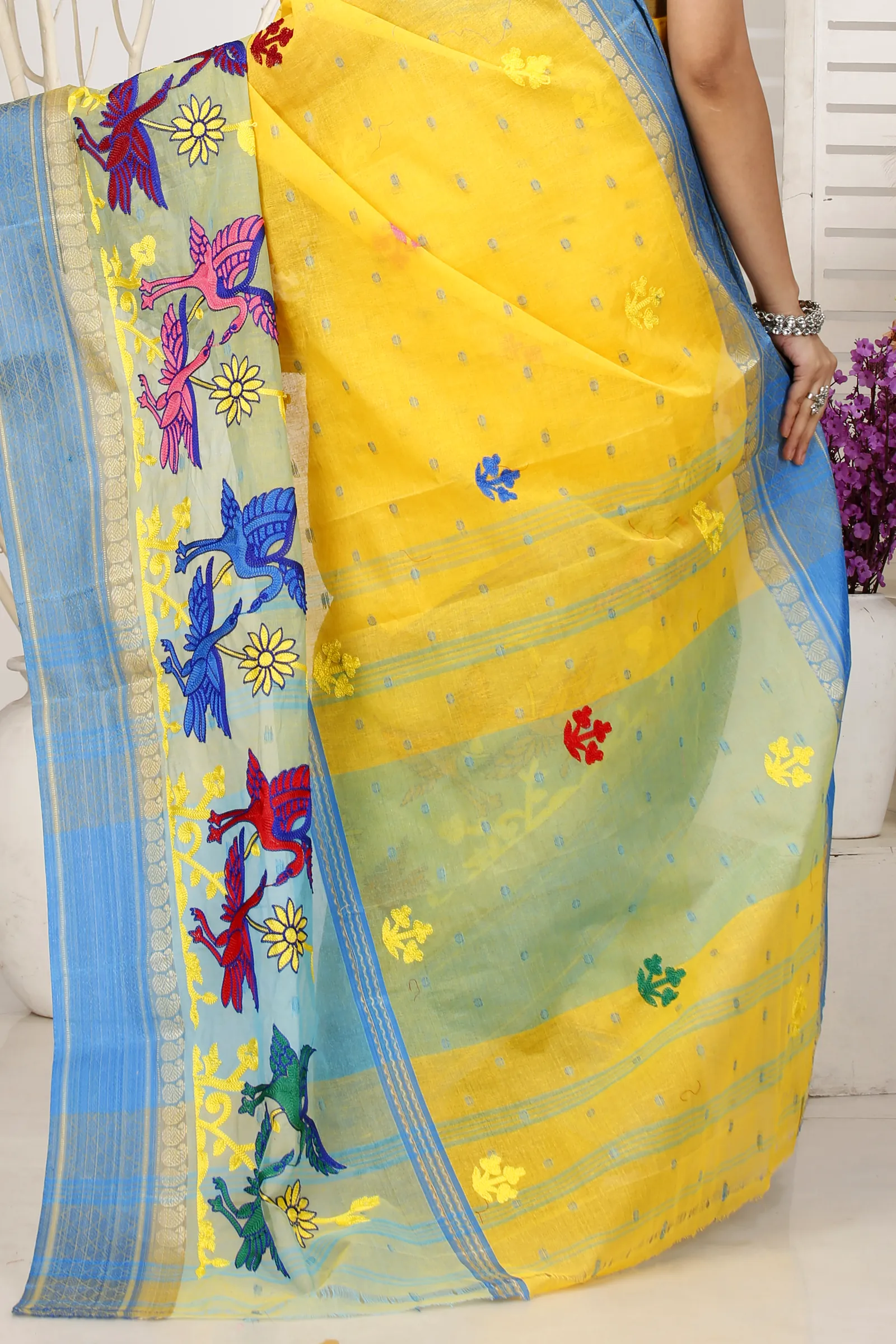 Light Yellow Pure Cotton Embi Ganga Bok Tant Embroidery (1514)