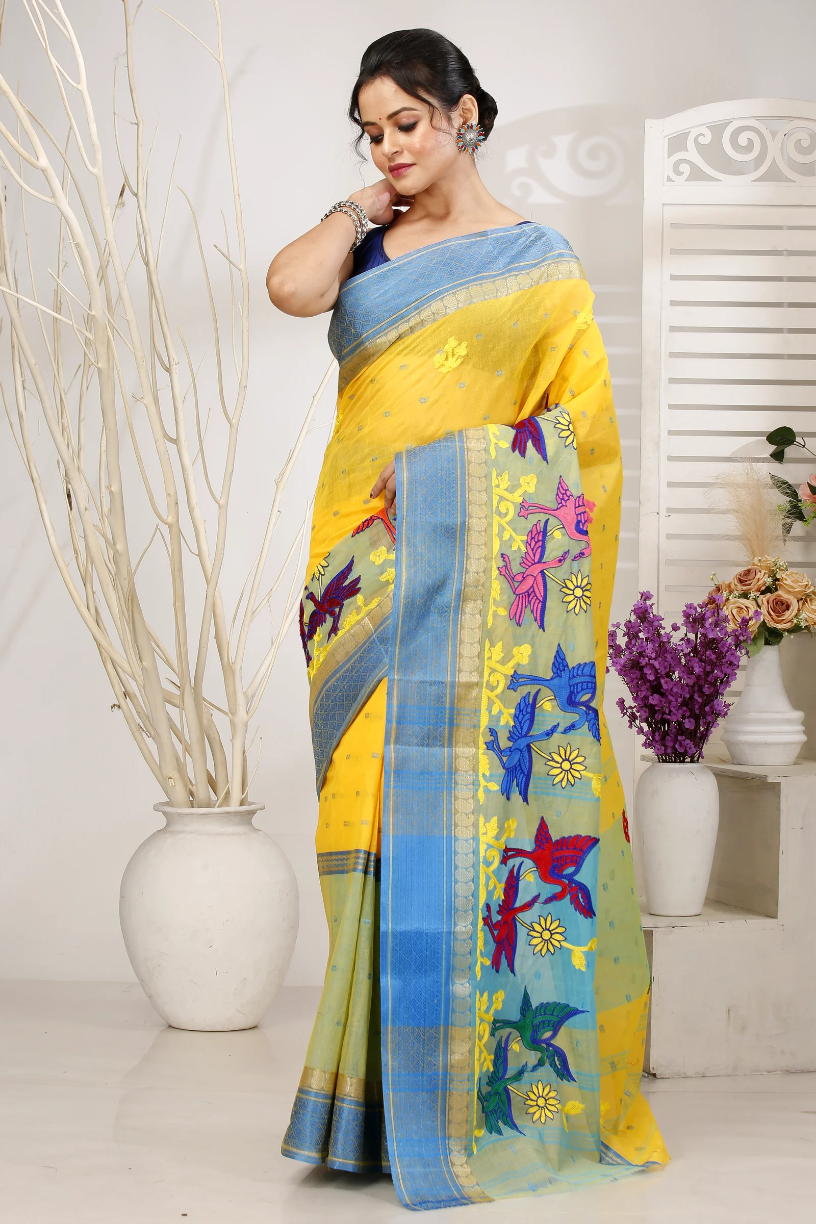Light Yellow Pure Cotton Embi Ganga Bok Tant Embroidery (1514)
