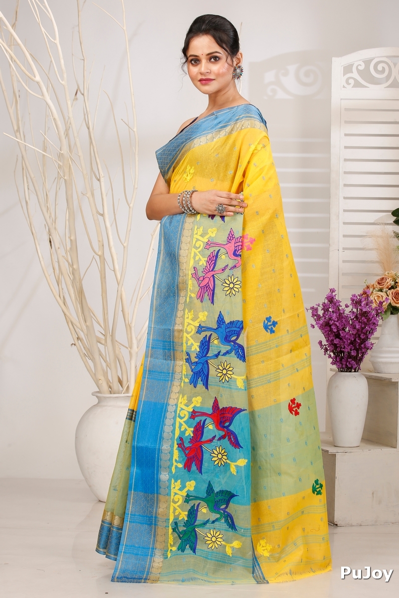 Light Yellow Pure Cotton Embi Ganga Bok Tant Embroidery (1514)