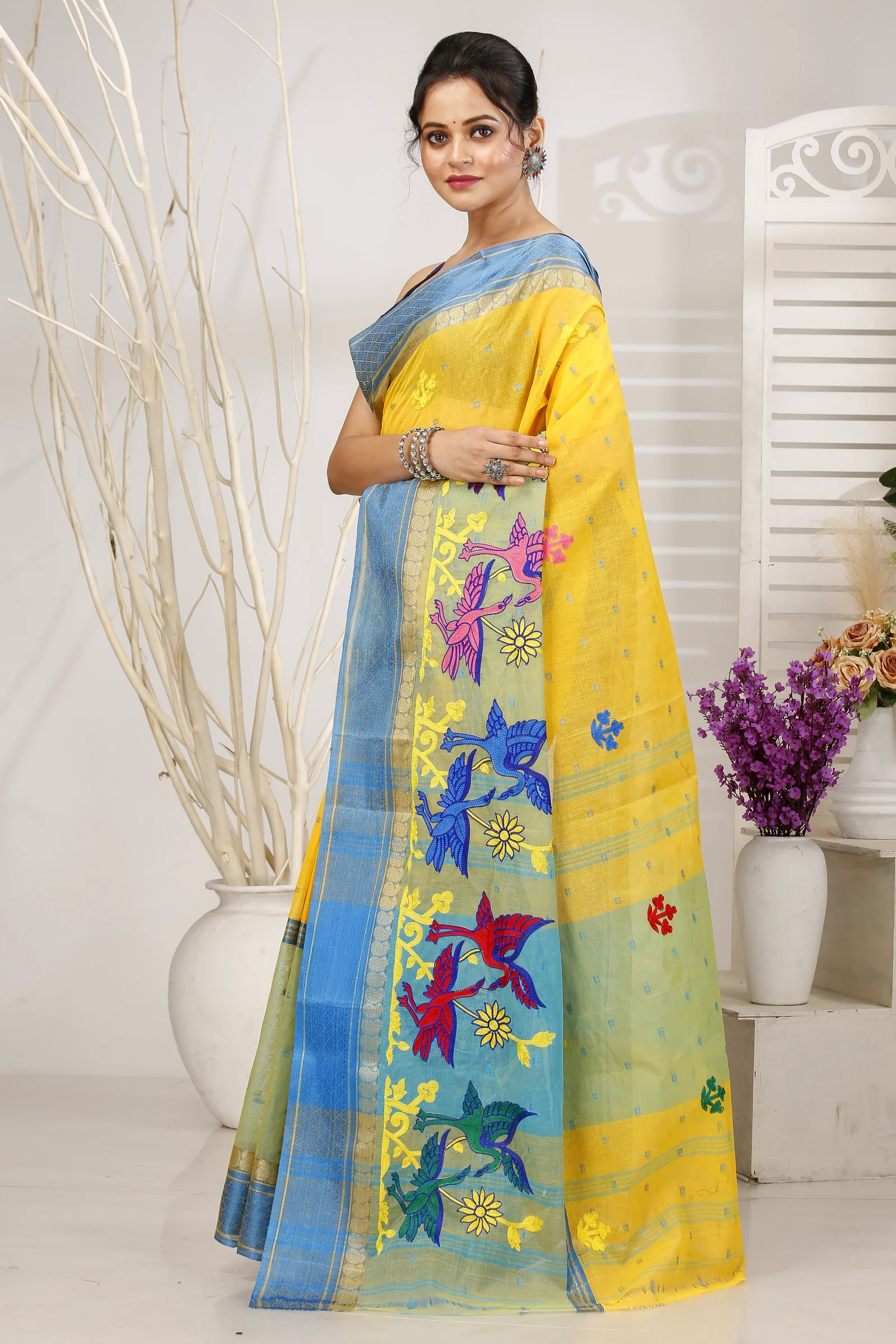 Light Yellow Pure Cotton Embi Ganga Bok Tant Embroidery (1514)
