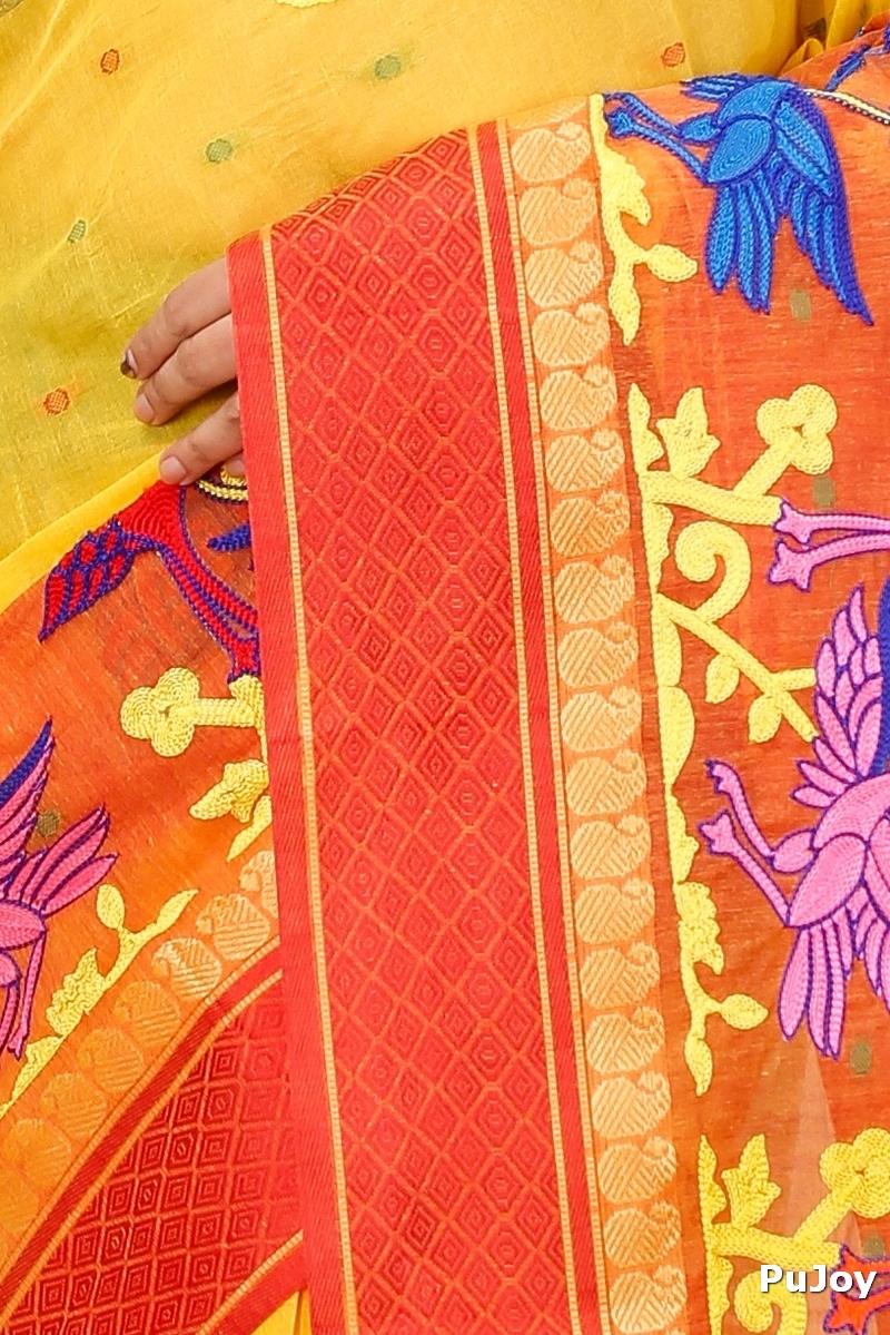 Yellow Red Pure Cotton Embi Ganga Bok Tant Embroidery (1515)