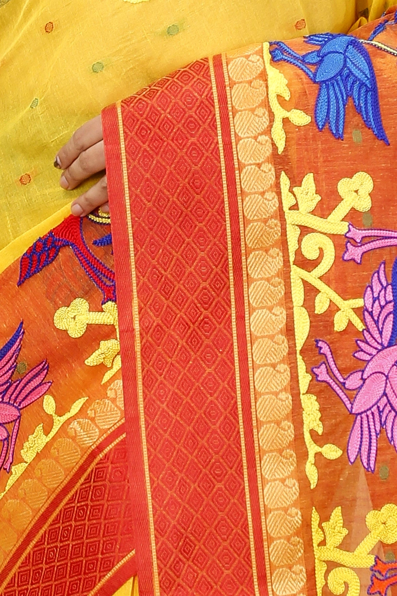 Yellow Red Pure Cotton Embi Ganga Bok Tant Embroidery (1515)