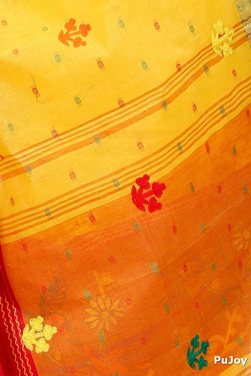 Yellow Red Pure Cotton Embi Ganga Bok Tant Embroidery (1515)