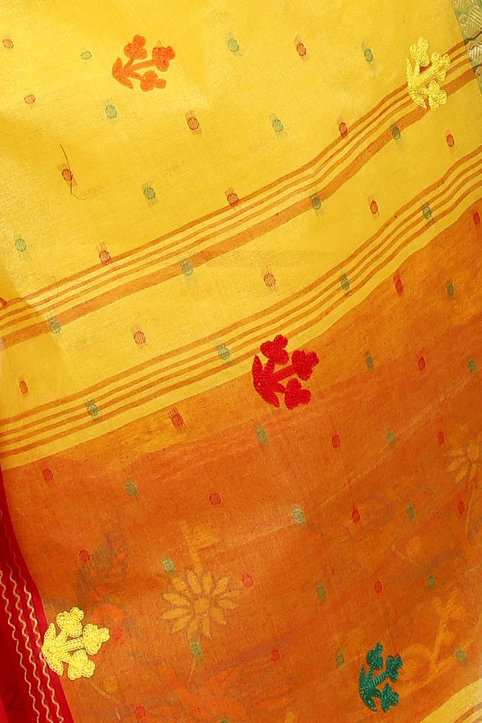 Yellow Red Pure Cotton Embi Ganga Bok Tant Embroidery (1515)