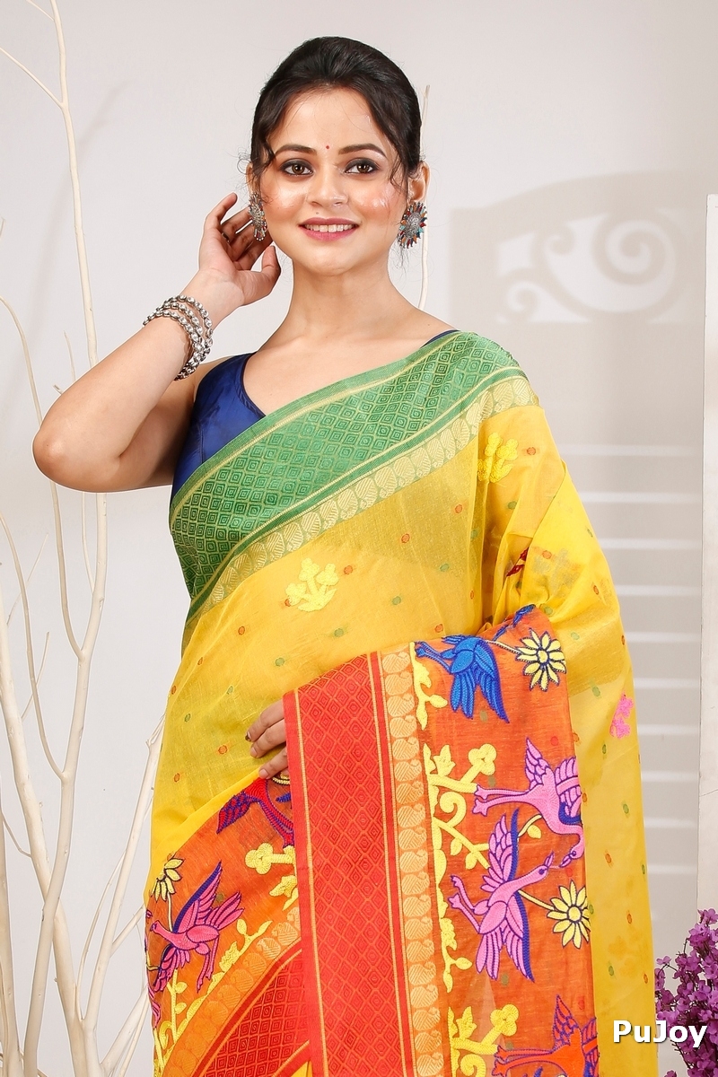 Yellow Red Pure Cotton Embi Ganga Bok Tant Embroidery (1515)
