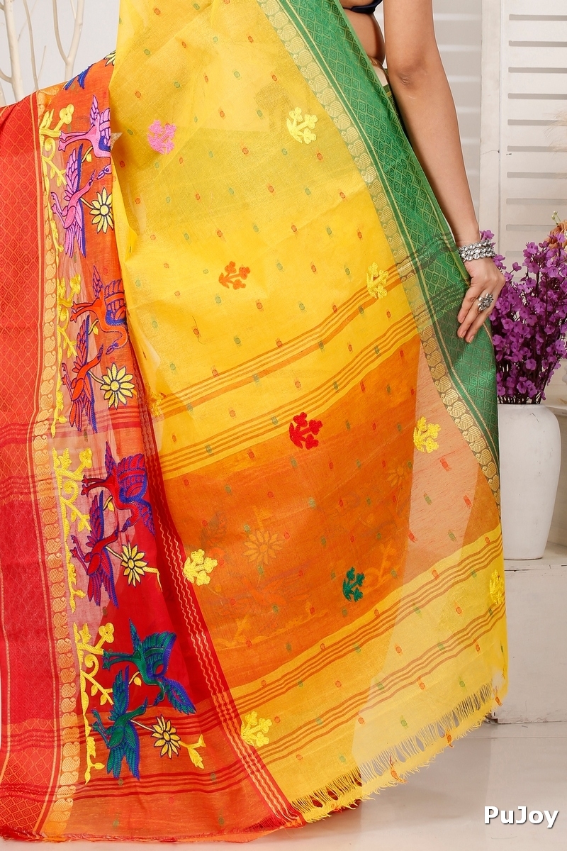 Yellow Red Pure Cotton Embi Ganga Bok Tant Embroidery (1515)