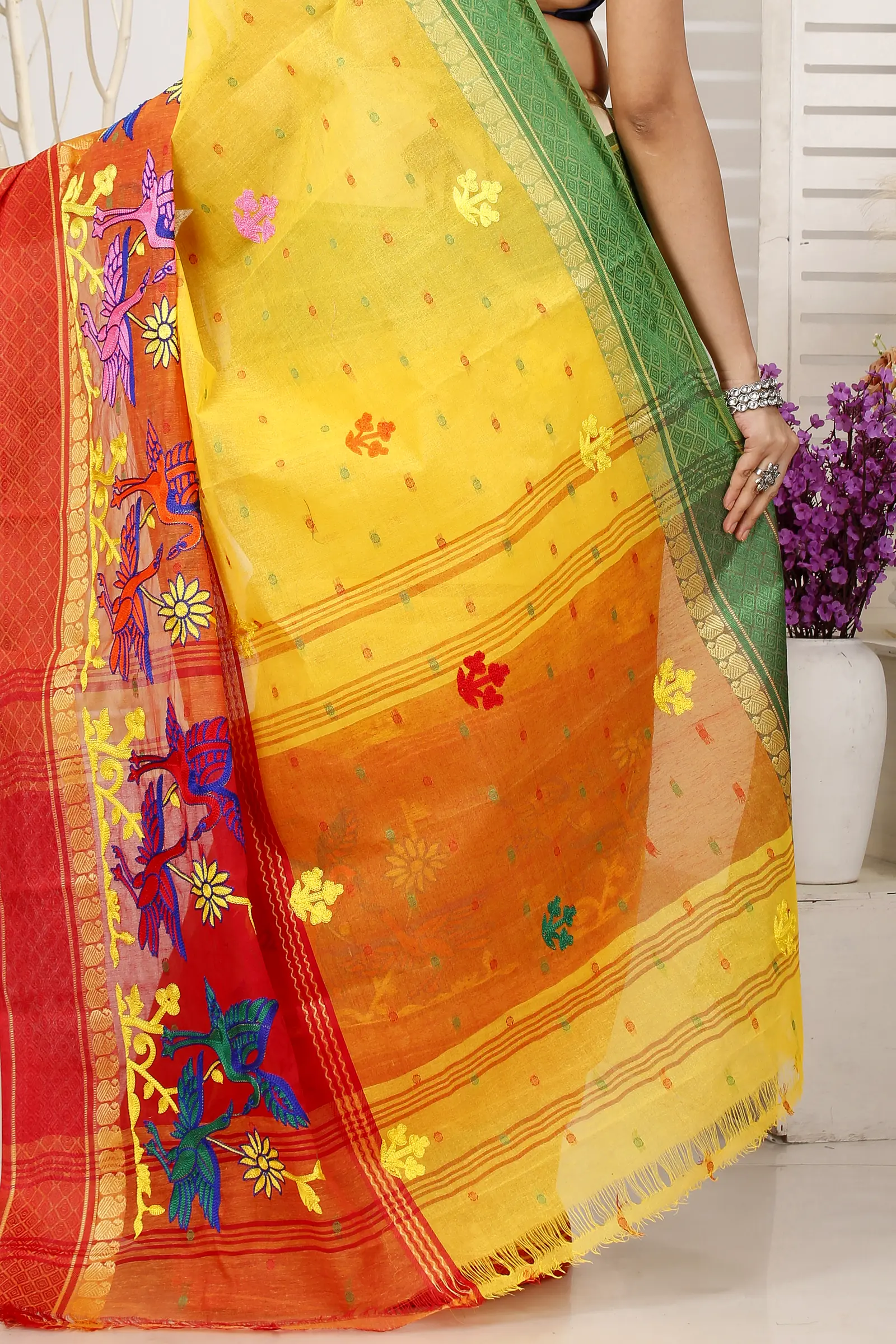 Yellow Red Pure Cotton Embi Ganga Bok Tant Embroidery (1515)