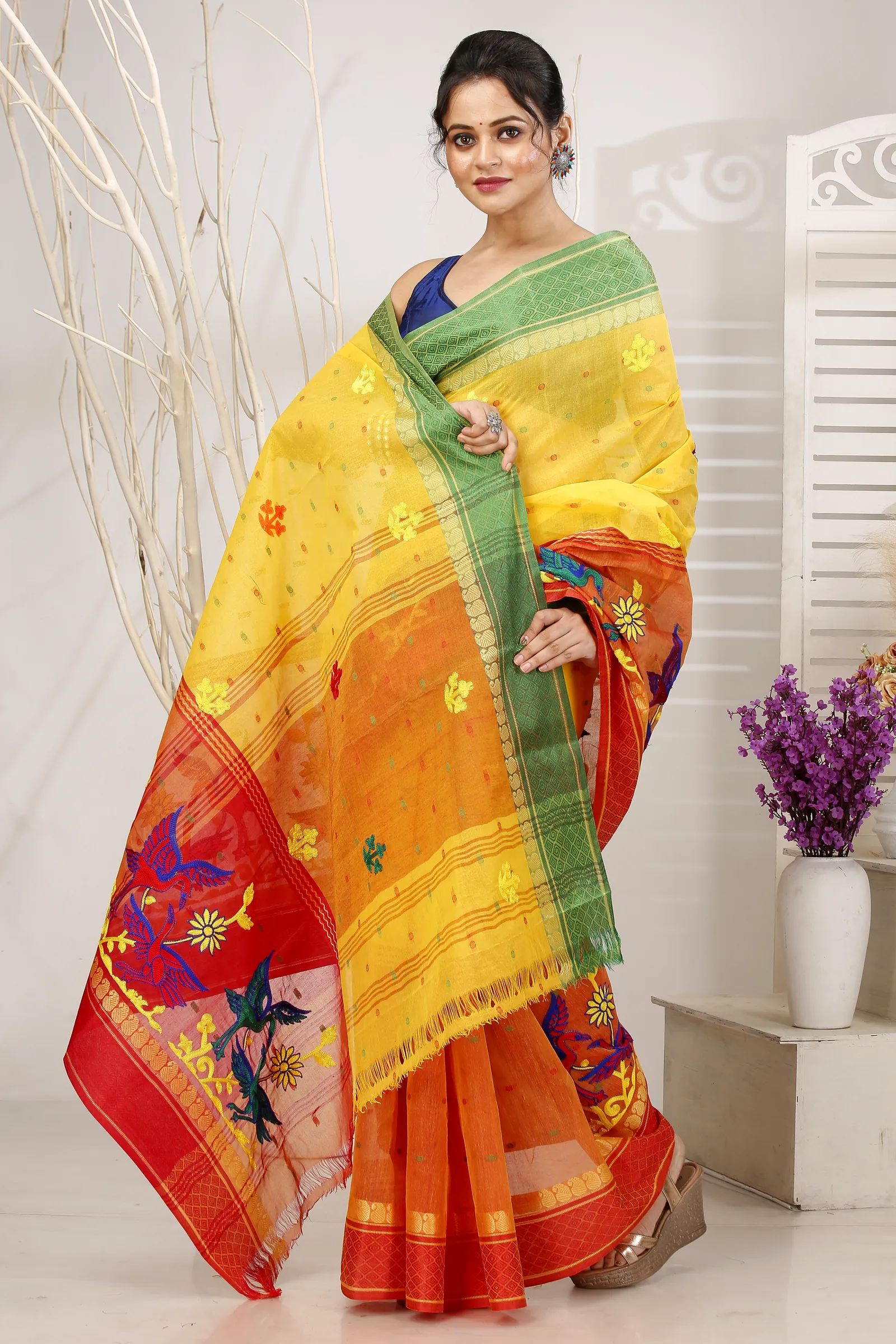 Yellow Red Pure Cotton Embi Ganga Bok Tant Embroidery (1515)