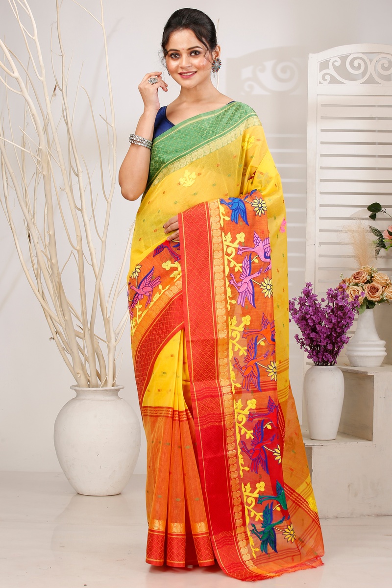 Yellow Red Pure Cotton Embi Ganga Bok Tant Embroidery (1515)