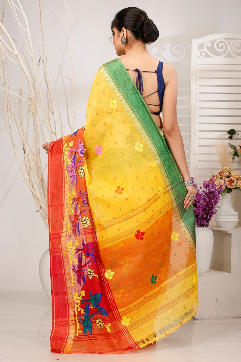 Yellow Red Pure Cotton Embi Ganga Bok Tant Embroidery (1515)