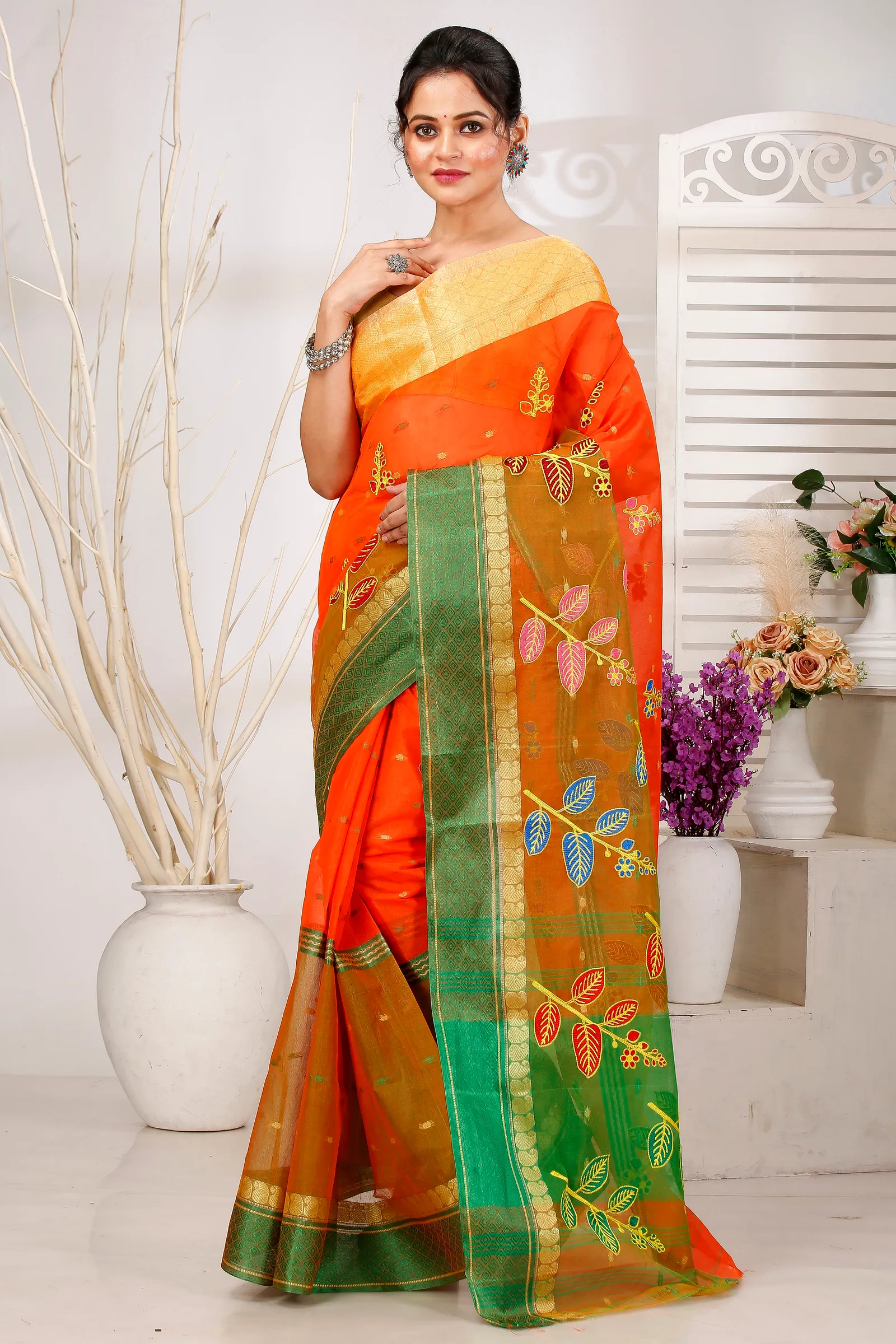 Orange Green Pure Cotton Embi Ganga Pata Tant Embroidery (1516)