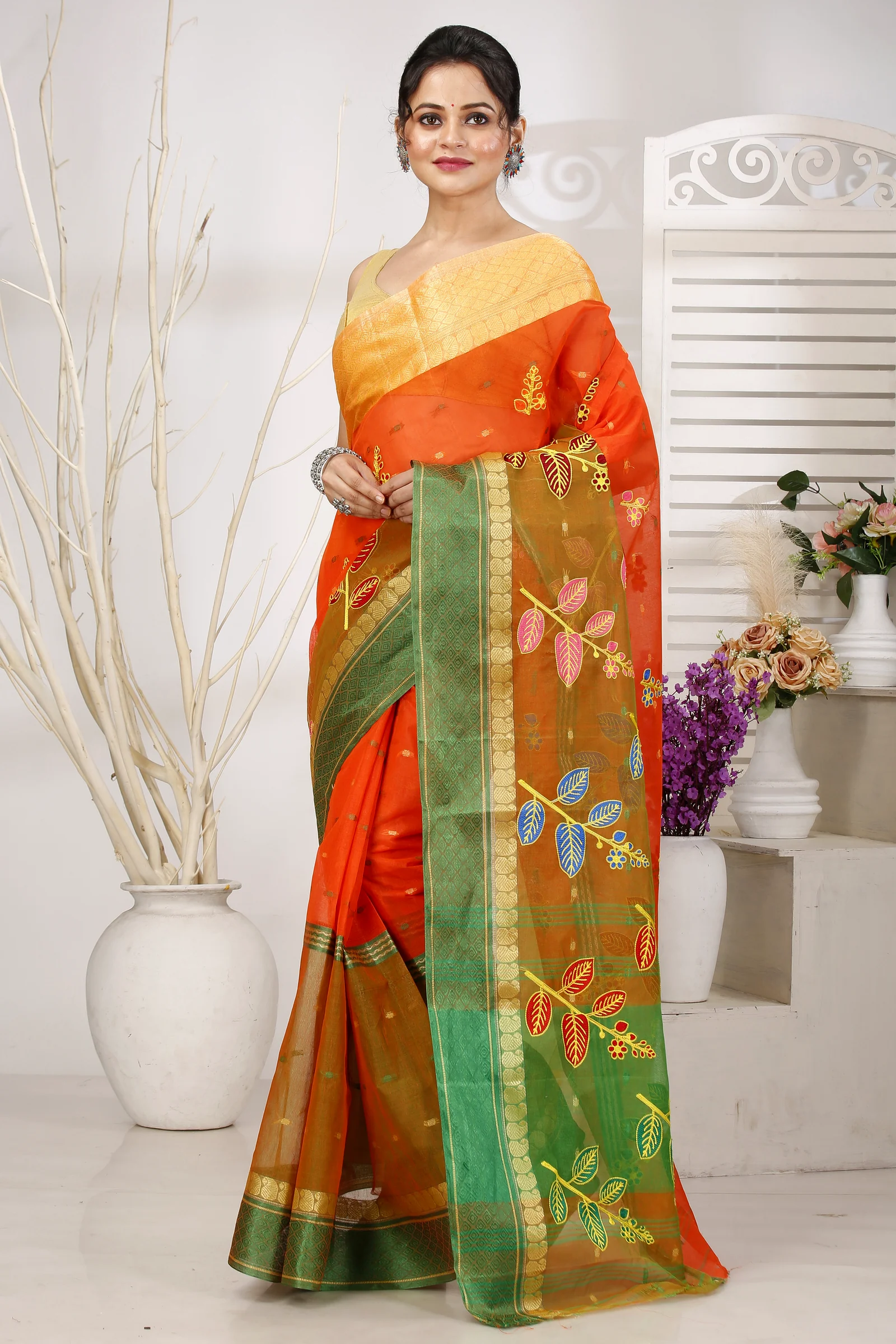 Orange Green Pure Cotton Embi Ganga Pata Tant Embroidery (1516)