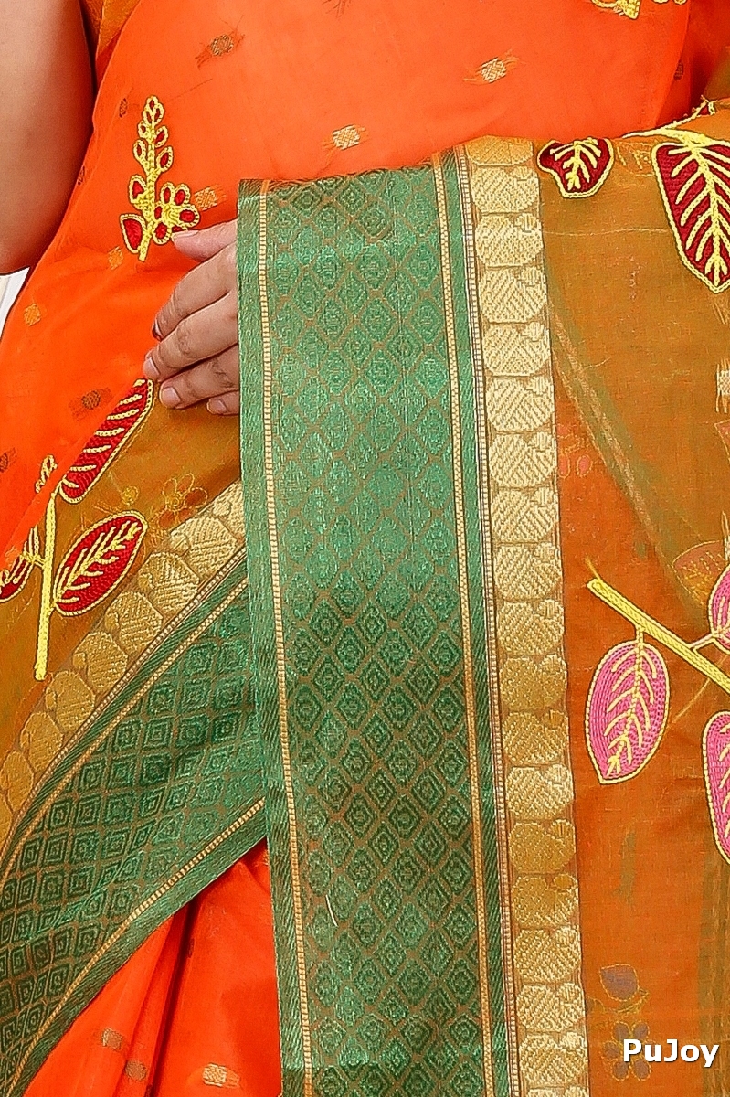Orange Green Pure Cotton Embi Ganga Pata Tant Embroidery (1516)