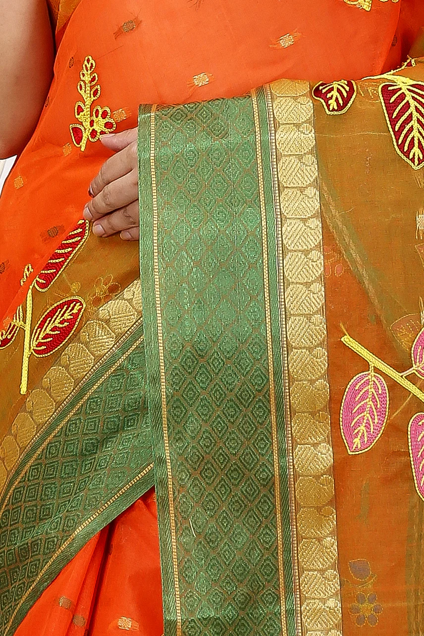 Orange Green Pure Cotton Embi Ganga Pata Tant Embroidery (1516)