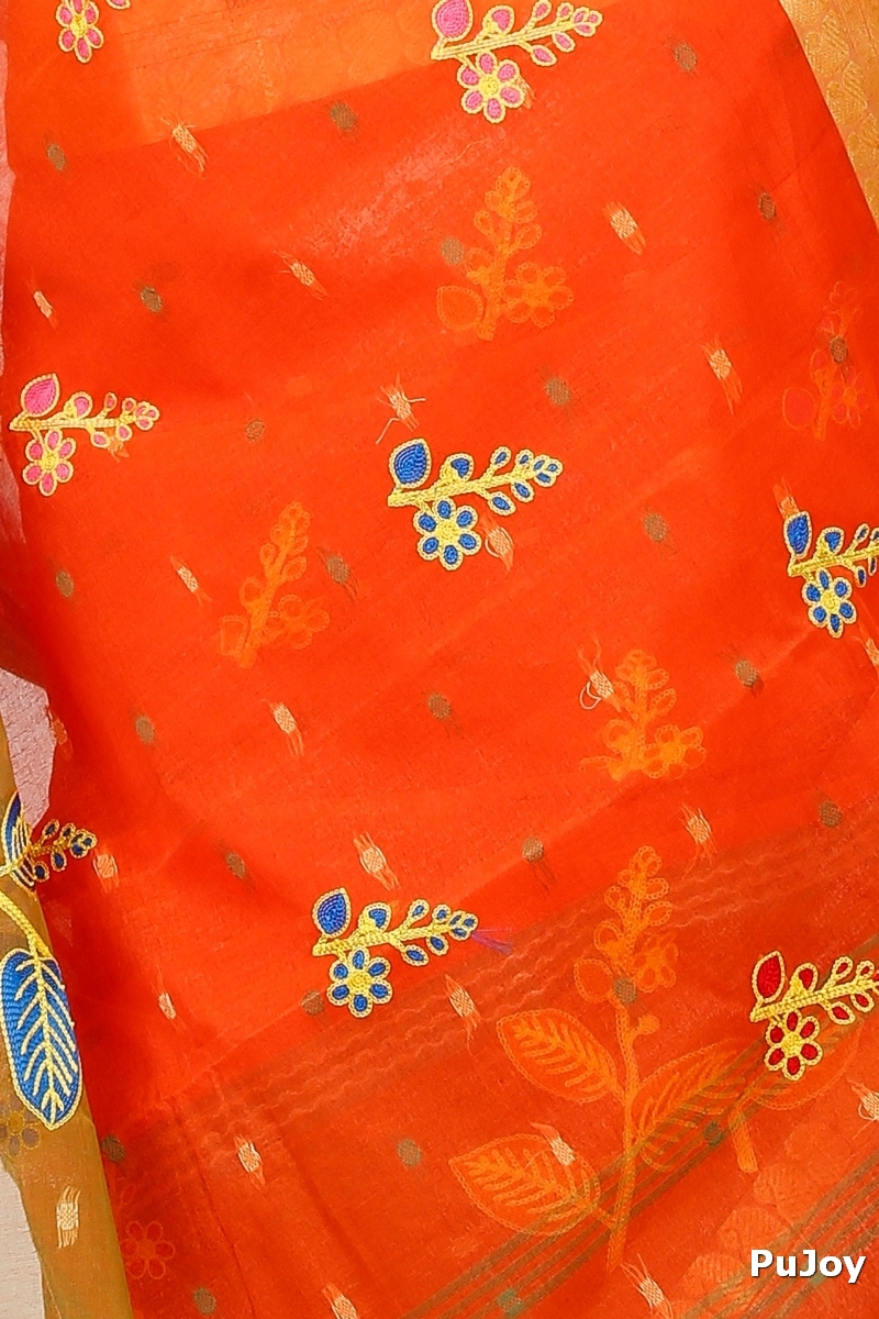 Orange Green Pure Cotton Embi Ganga Pata Tant Embroidery (1516)