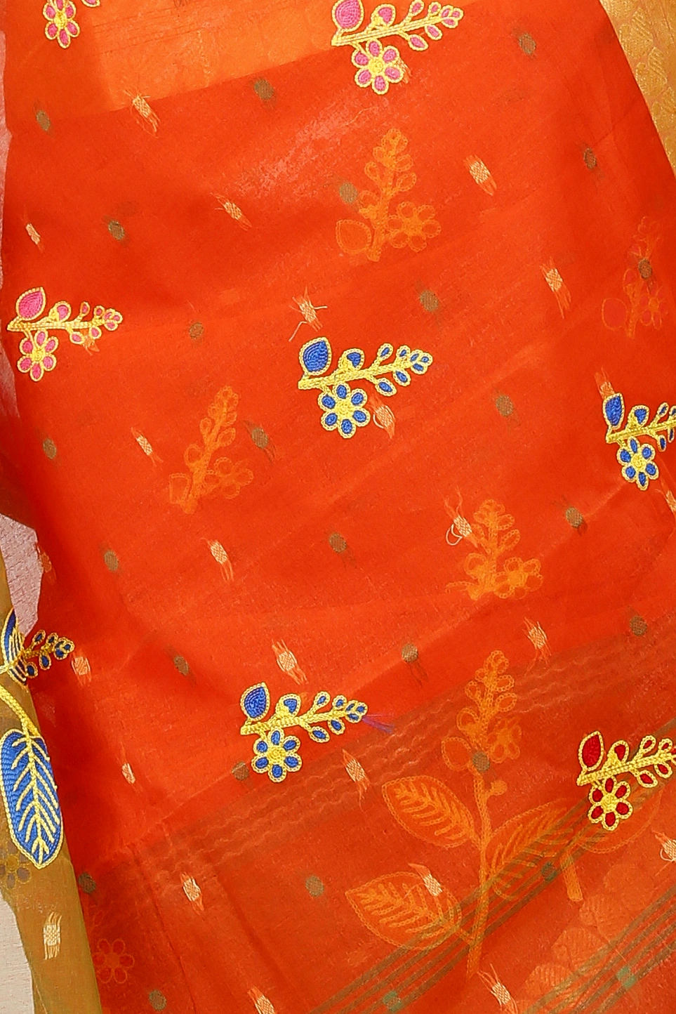 Orange Green Pure Cotton Embi Ganga Pata Tant Embroidery (1516)