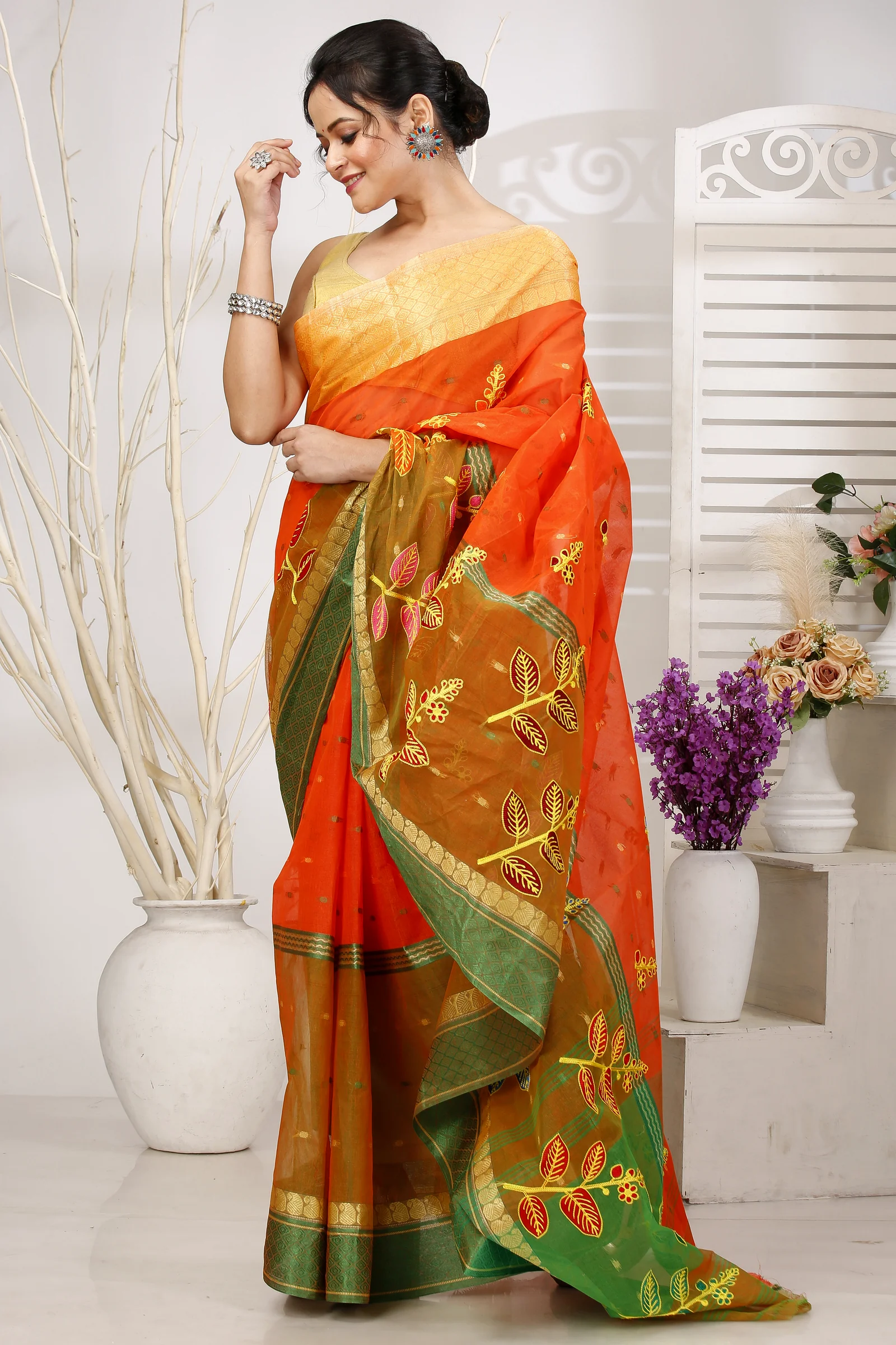 Orange Green Pure Cotton Embi Ganga Pata Tant Embroidery (1516)