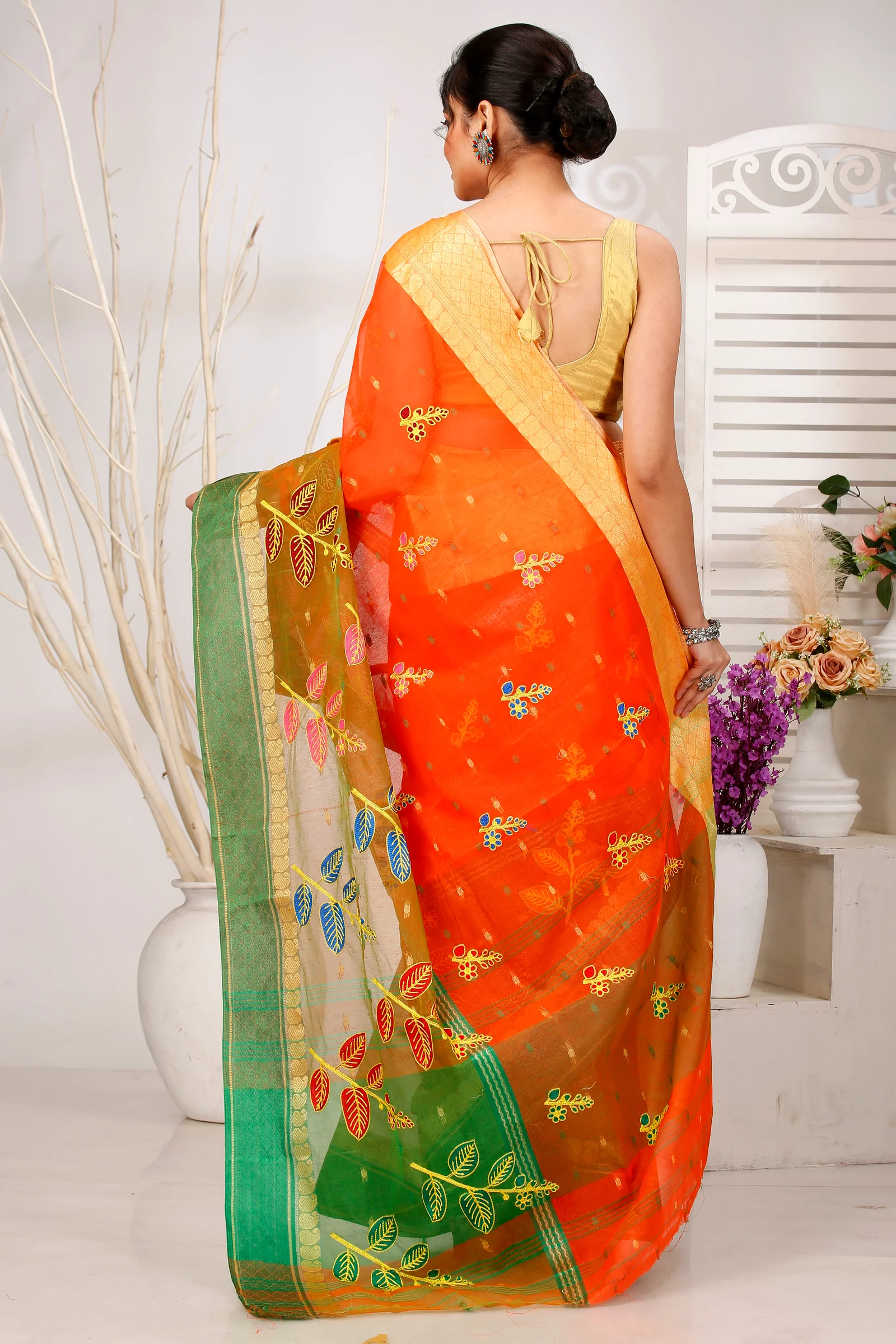 Orange Green Pure Cotton Embi Ganga Pata Tant Embroidery (1516)