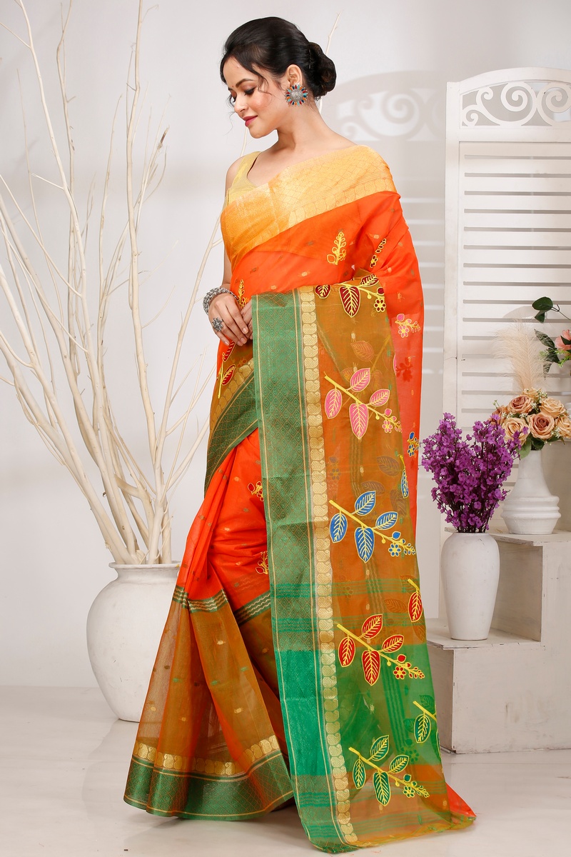 Orange Green Pure Cotton Embi Ganga Pata Tant Embroidery (1516)