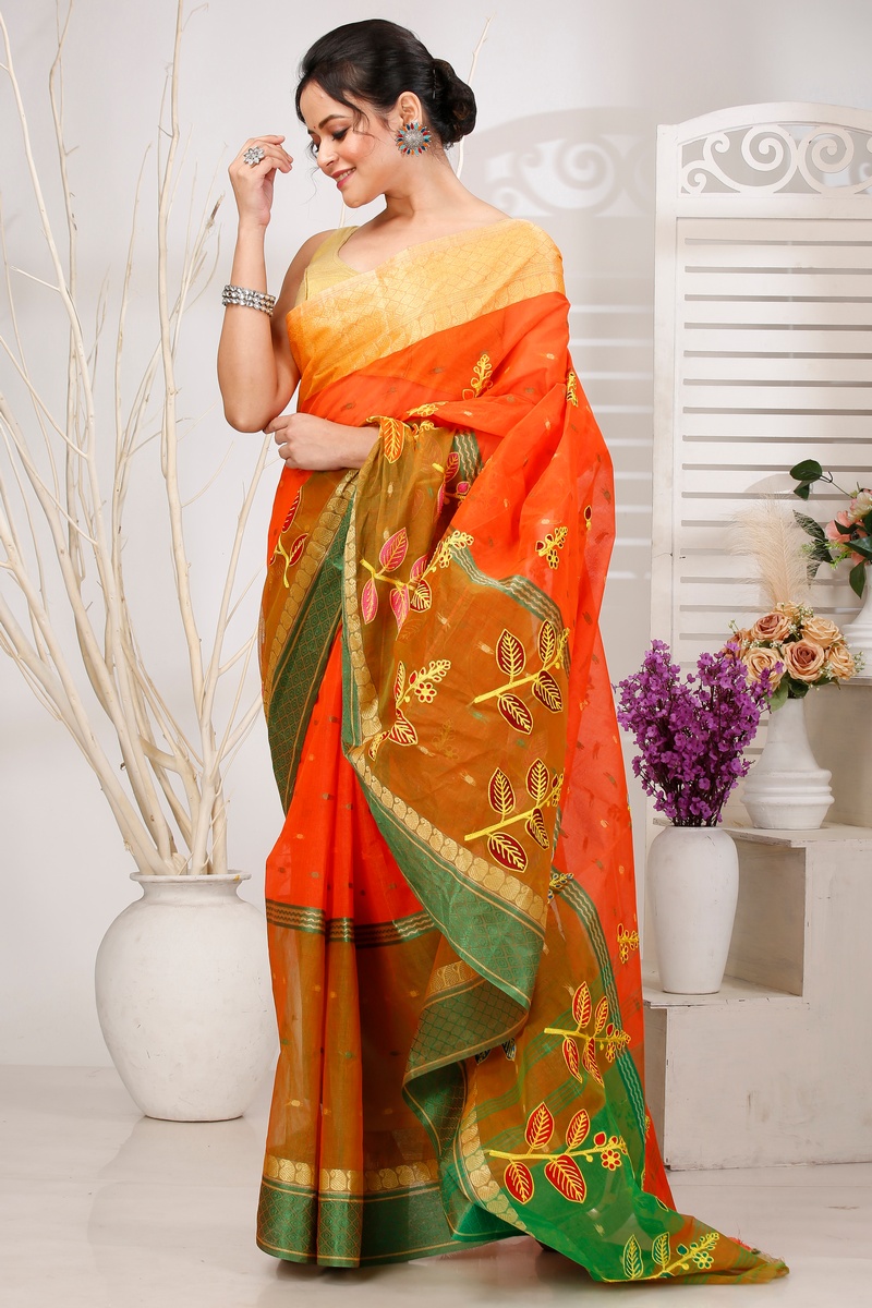 Orange Green Pure Cotton Embi Ganga Pata Tant Embroidery (1516)