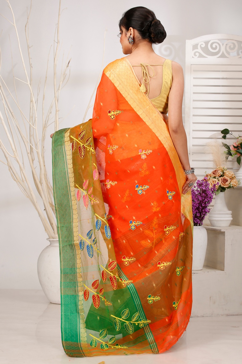 Orange Green Pure Cotton Embi Ganga Pata Tant Embroidery (1516)