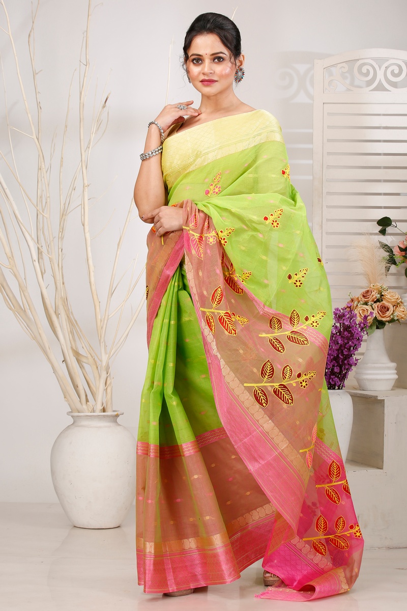 Light Green Pure Cotton Embi Ganga Pata Tant Embroidery (1517)
