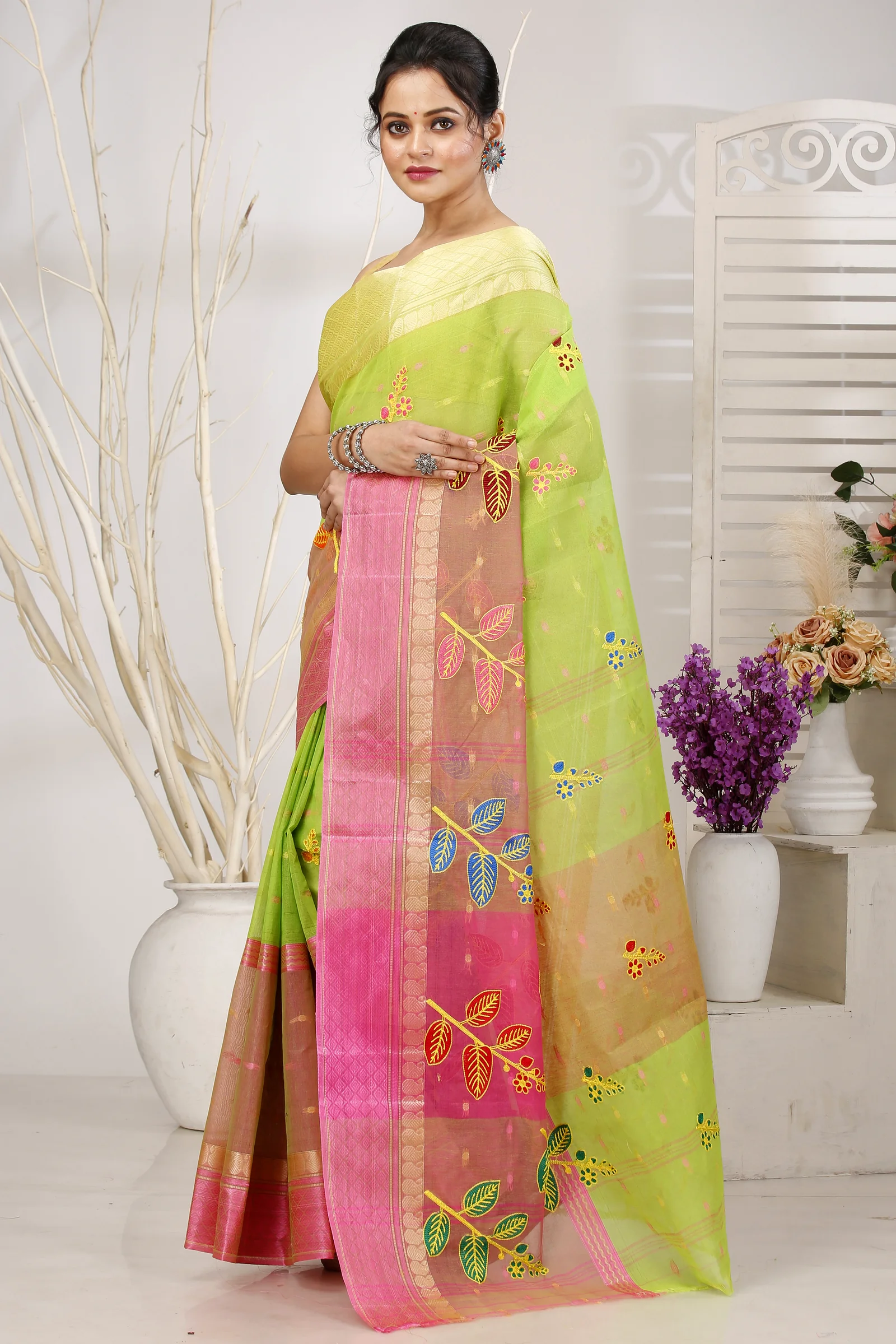 Light Green Pure Cotton Embi Ganga Pata Tant Embroidery (1517)