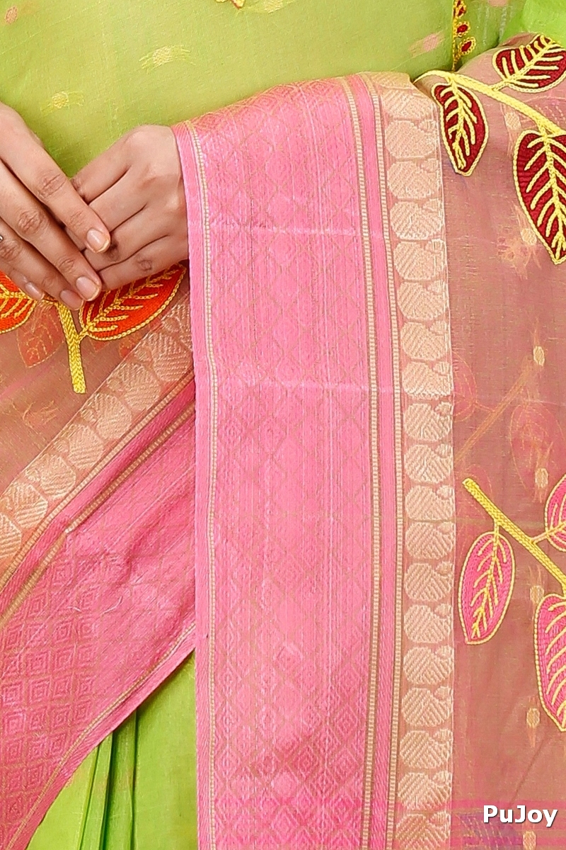 Light Green Pure Cotton Embi Ganga Pata Tant Embroidery (1517)