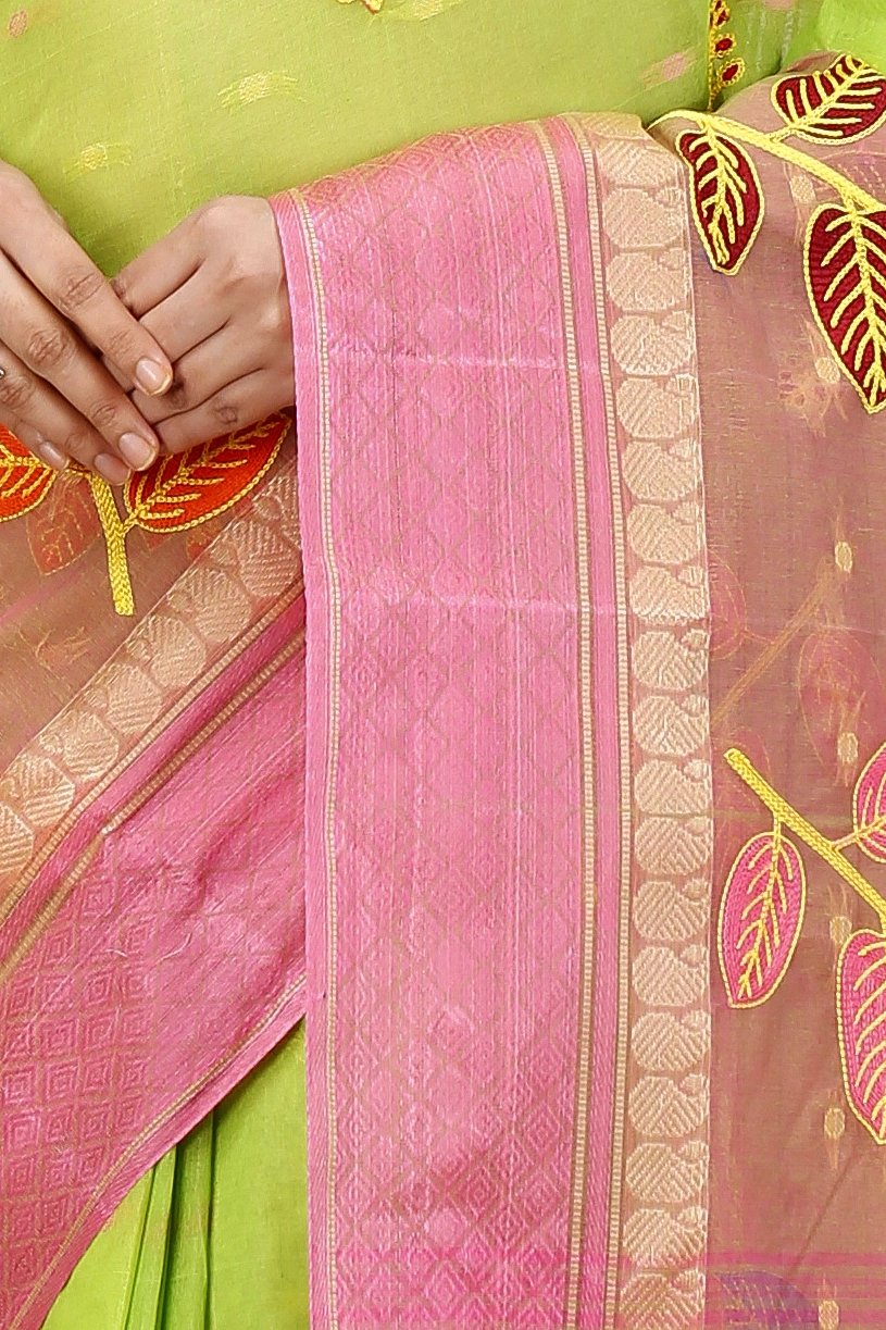 Light Green Pure Cotton Embi Ganga Pata Tant Embroidery (1517)