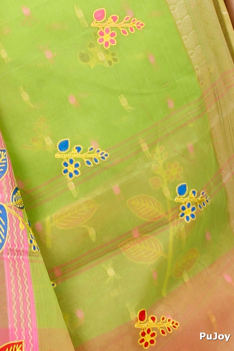 Light Green Pure Cotton Embi Ganga Pata Tant Embroidery (1517)