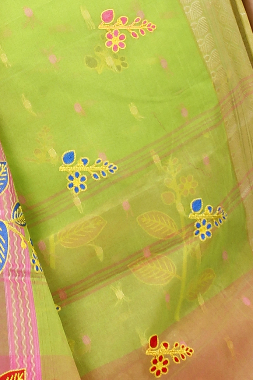 Light Green Pure Cotton Embi Ganga Pata Tant Embroidery (1517)