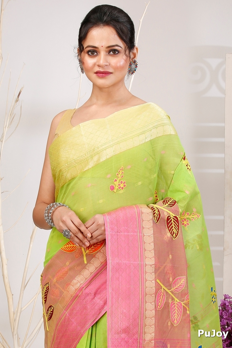Light Green Pure Cotton Embi Ganga Pata Tant Embroidery (1517)