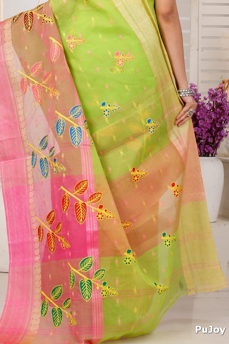 Light Green Pure Cotton Embi Ganga Pata Tant Embroidery (1517)