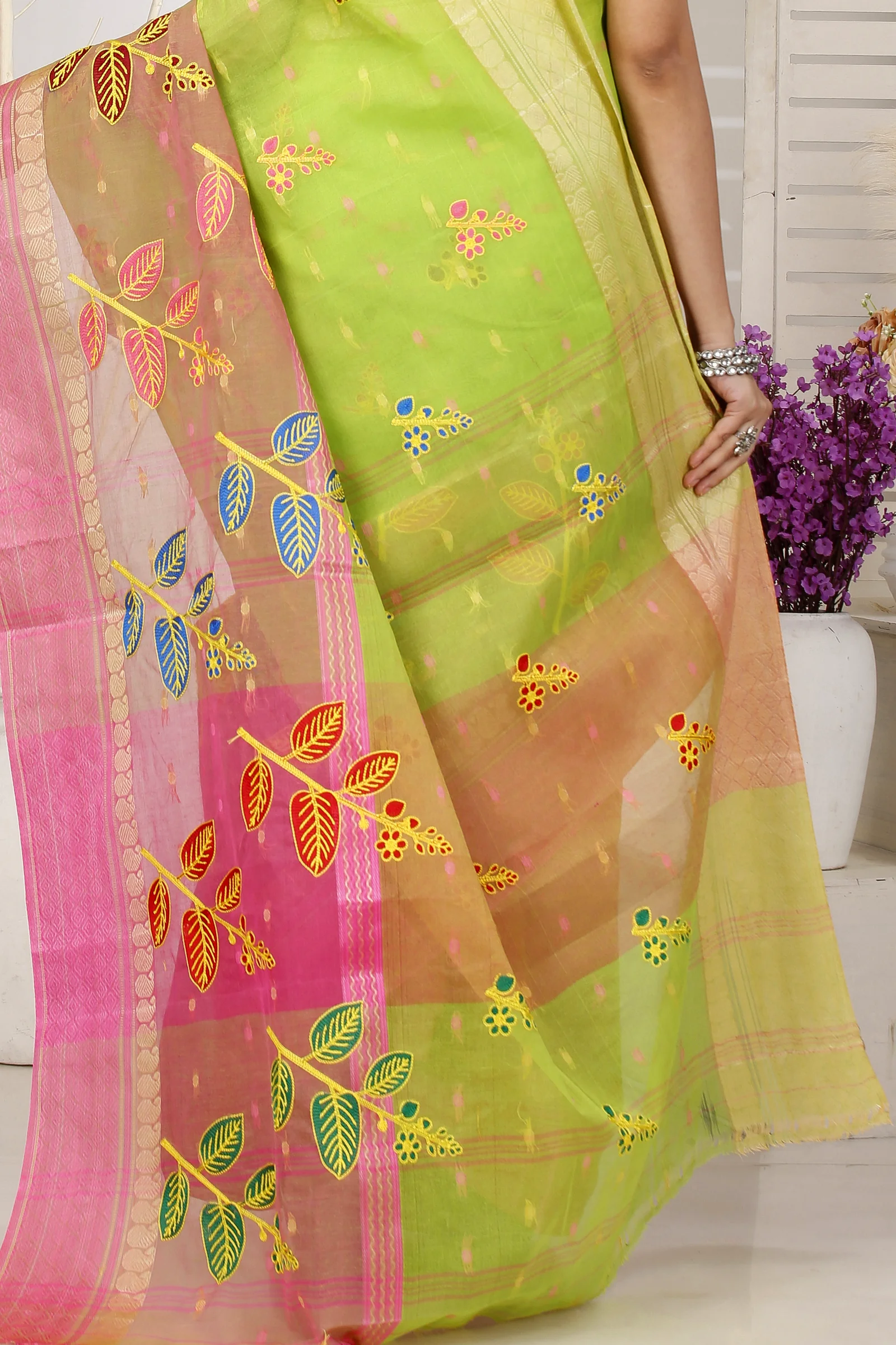 Light Green Pure Cotton Embi Ganga Pata Tant Embroidery (1517)