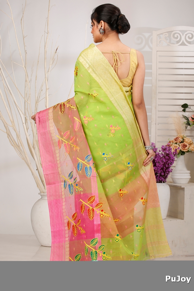 Light Green Pure Cotton Embi Ganga Pata Tant Embroidery (1517)