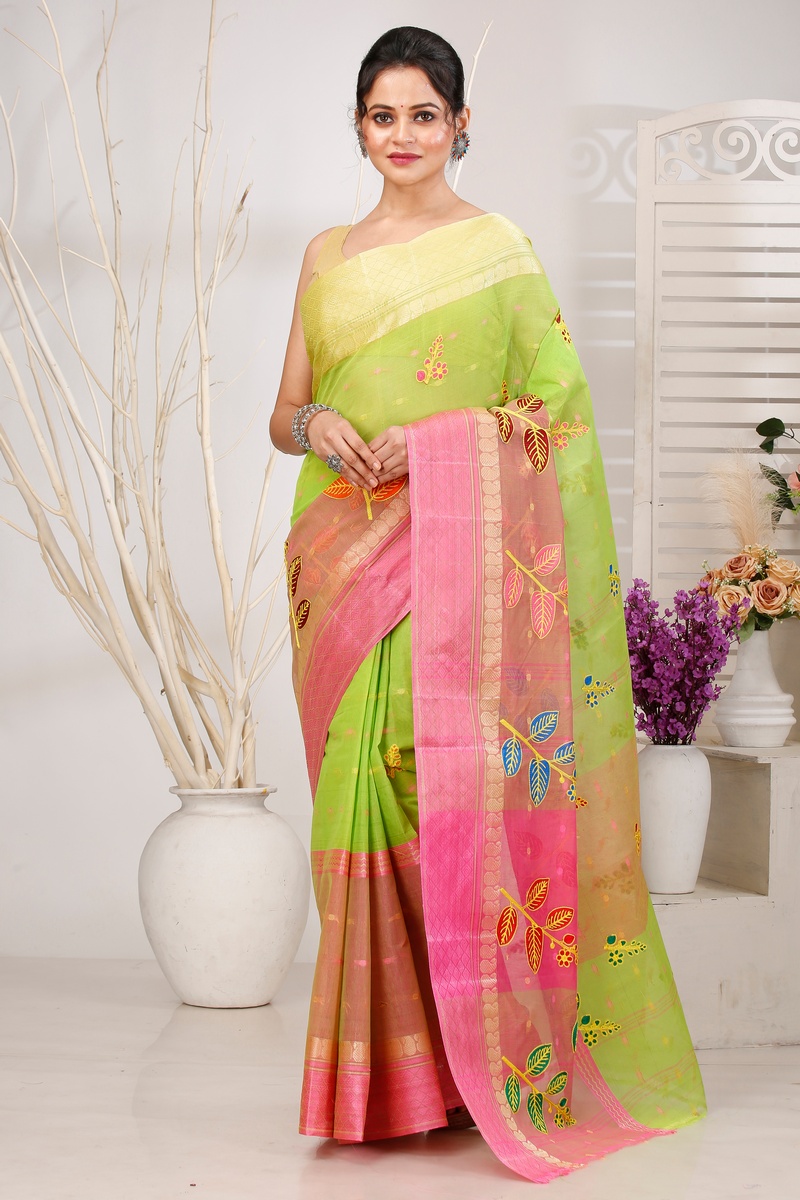 Light Green Pure Cotton Embi Ganga Pata Tant Embroidery (1517)