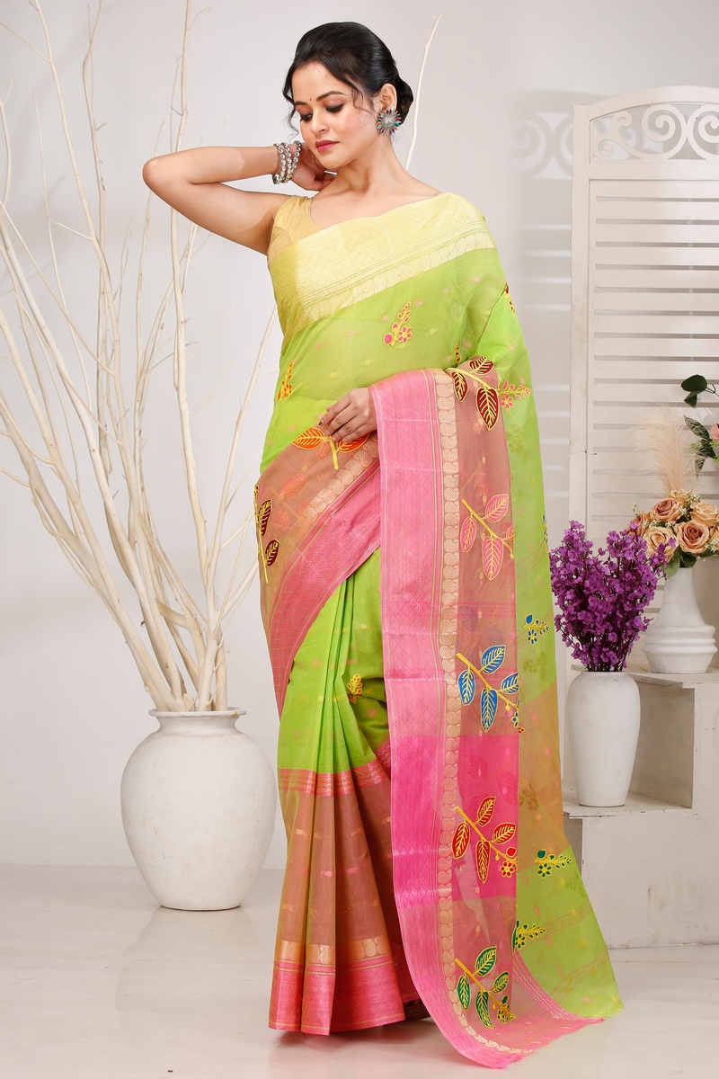 Light Green Pure Cotton Embi Ganga Pata Tant Embroidery (1517)