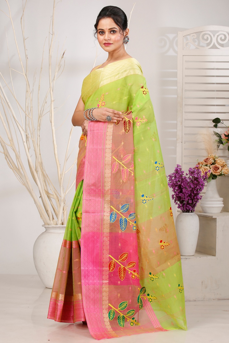 Light Green Pure Cotton Embi Ganga Pata Tant Embroidery (1517)