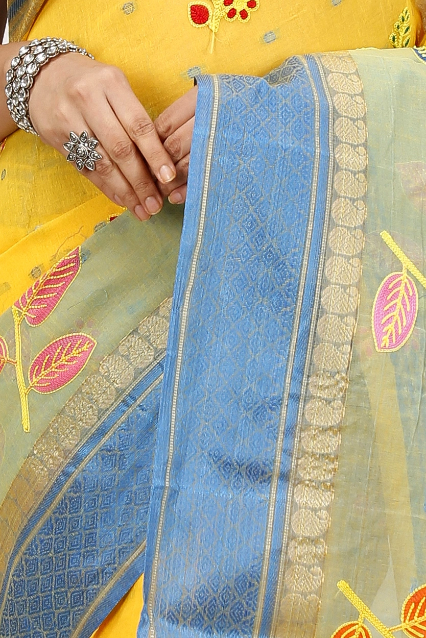 Light Yellow Pure Cotton Embi Ganga Pata Tant Embroidery (1518)