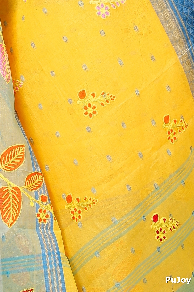 Light Yellow Pure Cotton Embi Ganga Pata Tant Embroidery (1518)