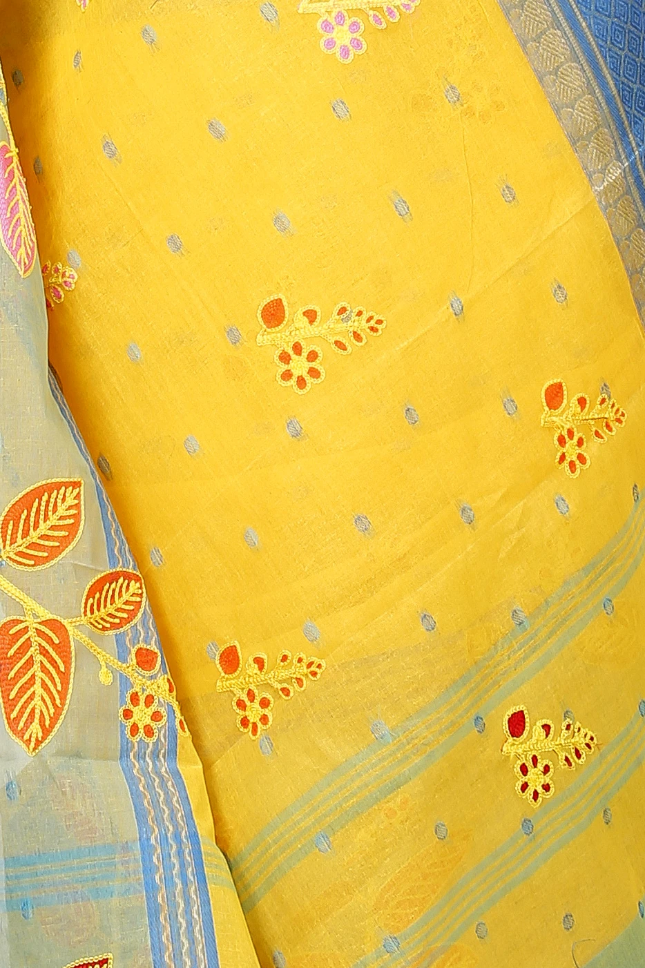 Light Yellow Pure Cotton Embi Ganga Pata Tant Embroidery (1518)
