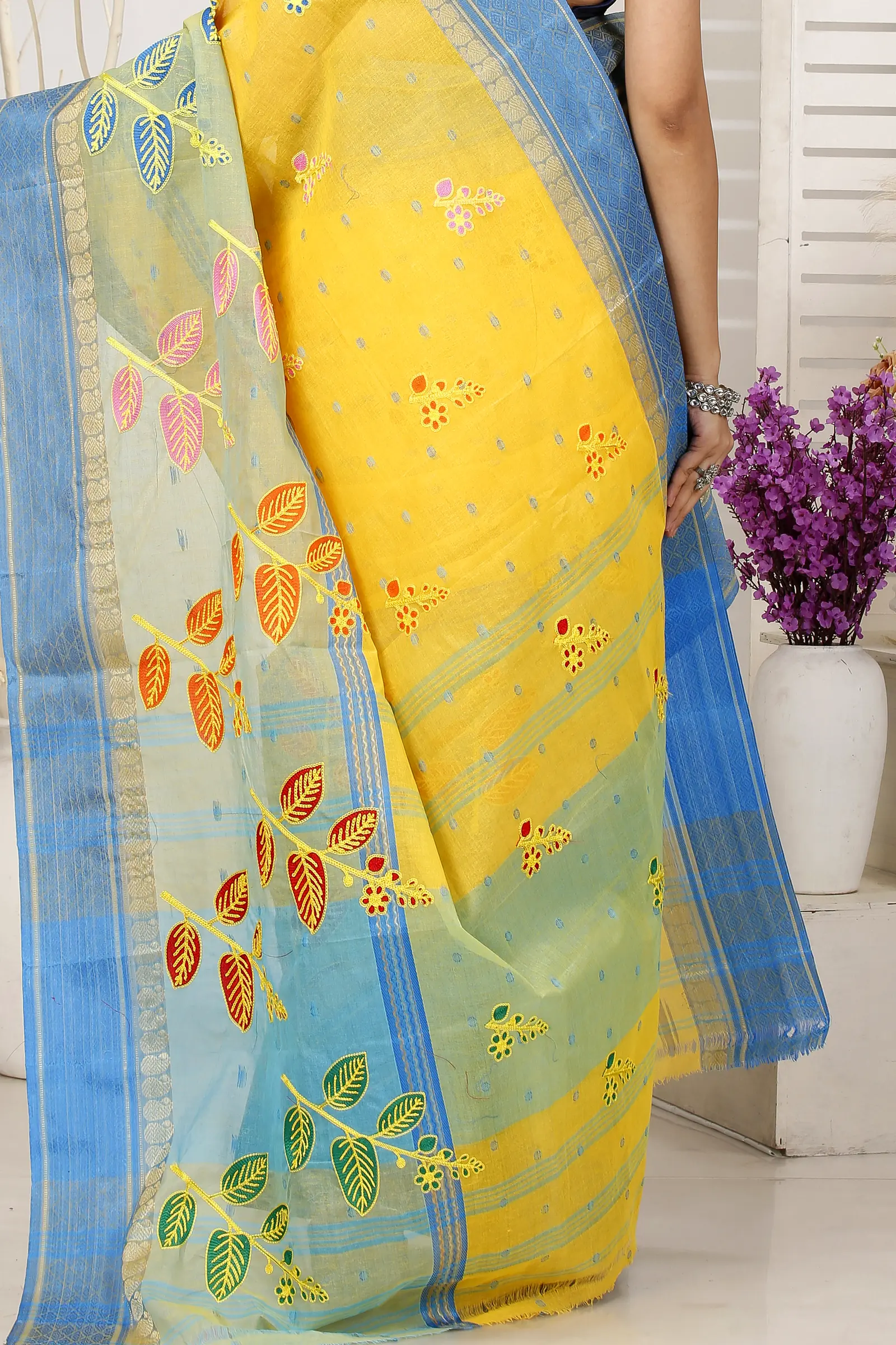 Light Yellow Pure Cotton Embi Ganga Pata Tant Embroidery (1518)
